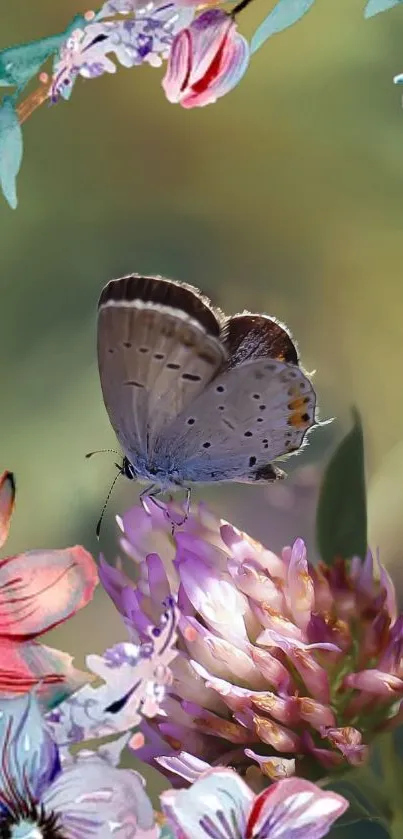 Butterfly resting on vibrant flowers in artistic wallpaper design.