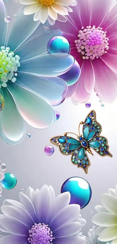 Blue butterfly surrounded by vibrant, colorful flowers in fantasy art.