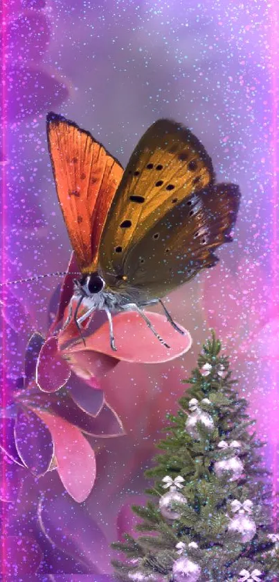 Vibrant butterfly on leaves with a Christmas tree backdrop.