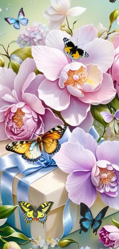 Fantasy floral wallpaper with butterflies and pastel pink flowers.