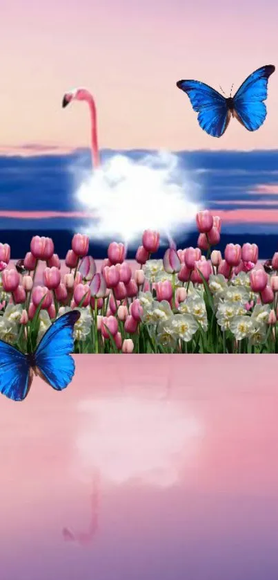 Blue butterflies over pink tulips and a serene sky background.