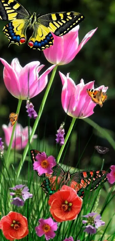 Colorful butterfly garden wallpaper with flowers and vibrant hues.