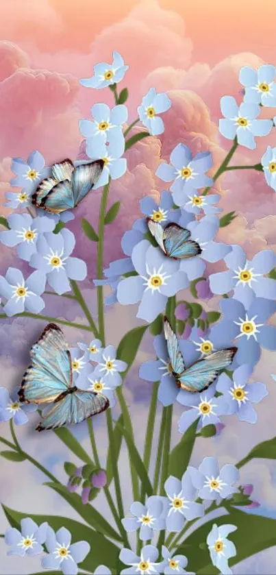 Delicate blue flowers with butterflies against a dreamy sunset sky.