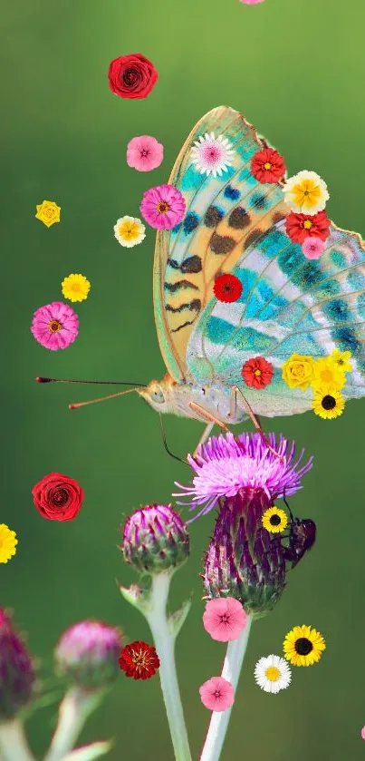 Colorful butterfly resting on a thistle with scattered flowers on a green background.