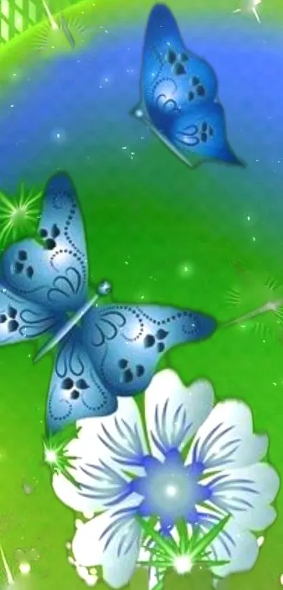 Blue butterflies and flower on a green background wallpaper.