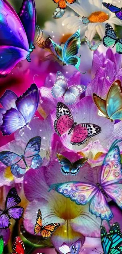 Vibrant mobile wallpaper with colorful butterflies and flowers.