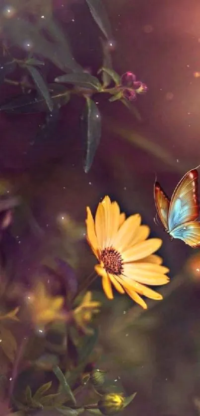 Colorful butterfly next to yellow flower with warm glow.