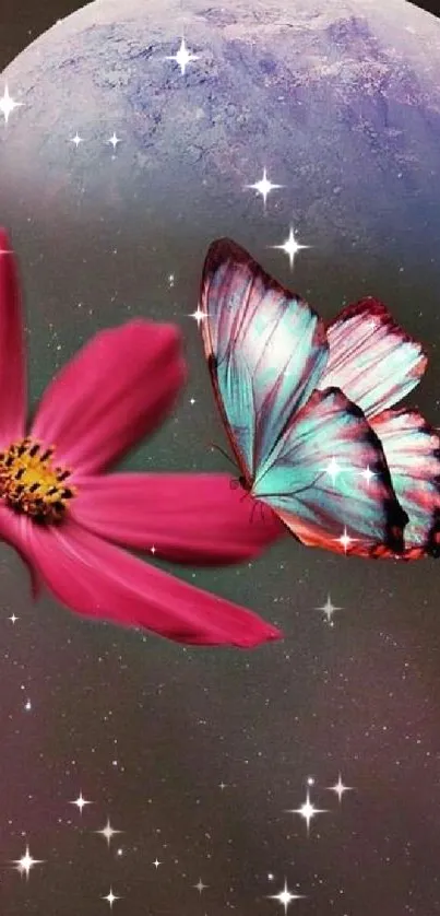 Vibrant pink flower and butterfly with cosmic background.