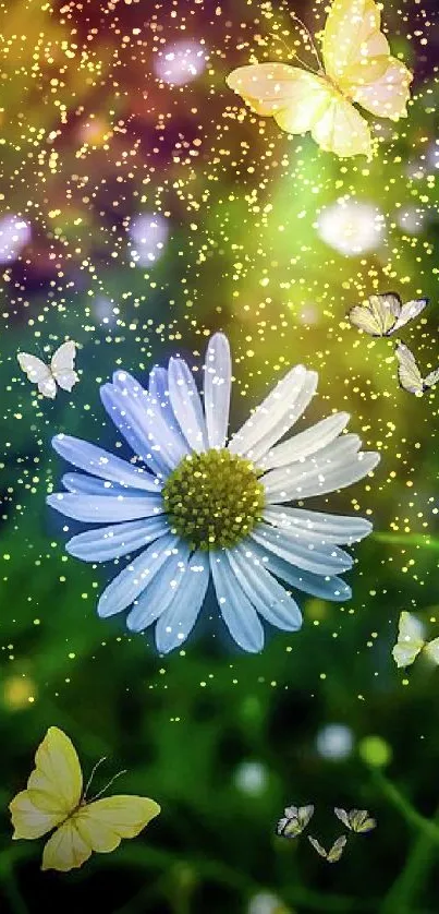 Mobile wallpaper with a daisy and colorful butterflies on a green background.