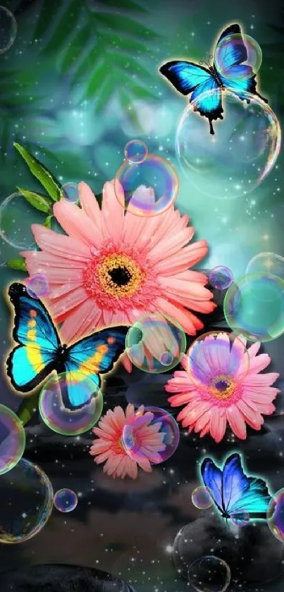 Vibrant mobile wallpaper with butterflies and flowers.