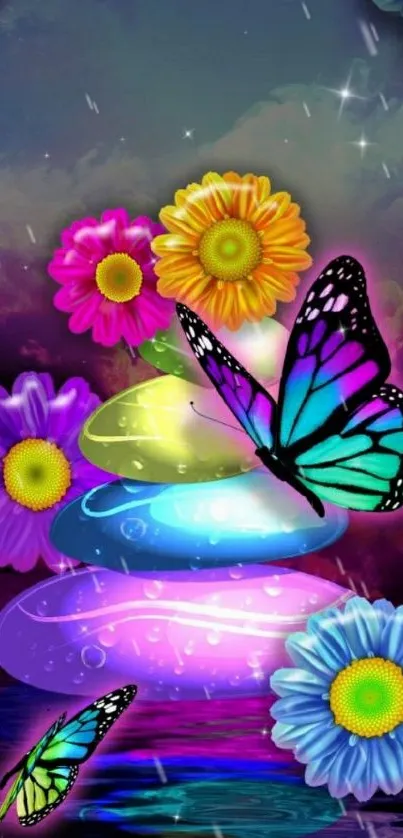 Glowing butterflies with colorful flowers against a starry background.