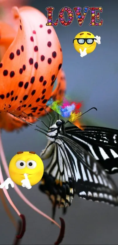 Butterfly on orange flower with fun emojis and love text.