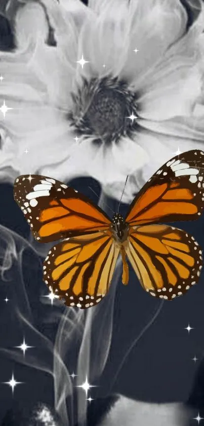 Orange butterfly on grayscale flower wallpaper.