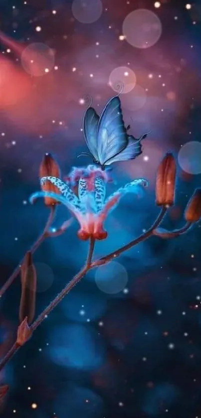 Butterfly alights on a mystical flower in blue hues.