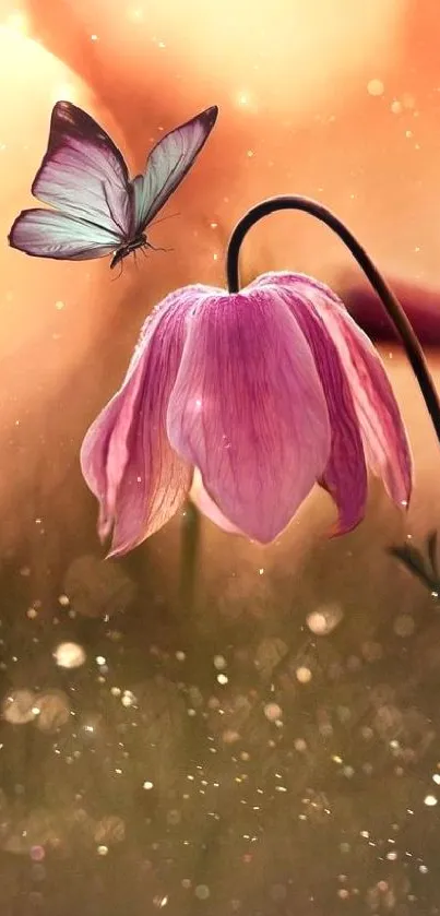 Serene scene of a butterfly near a flower with warm, dreamy colors.