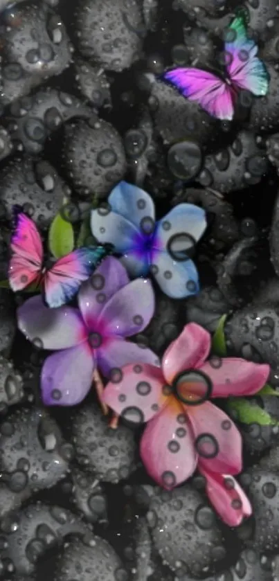 Colorful butterflies and flowers on black stones with water droplets.