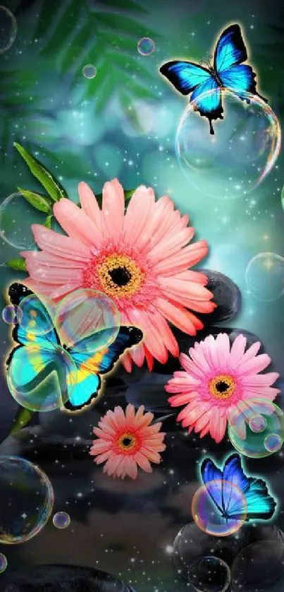 Wallpaper with blue butterflies and pink flowers on a dark teal background.