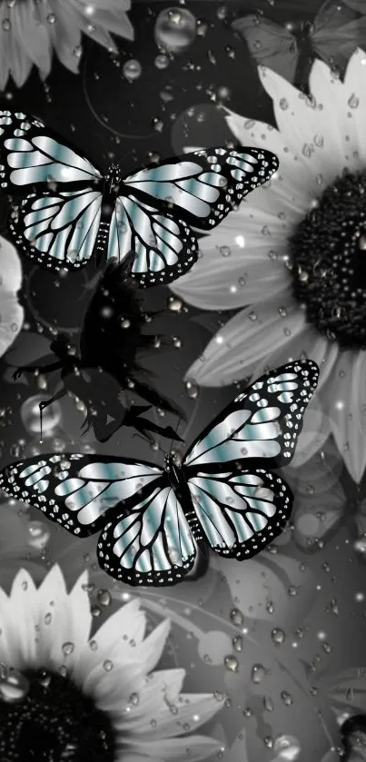 Black and white butterfly wallpaper with flowers and raindrops.