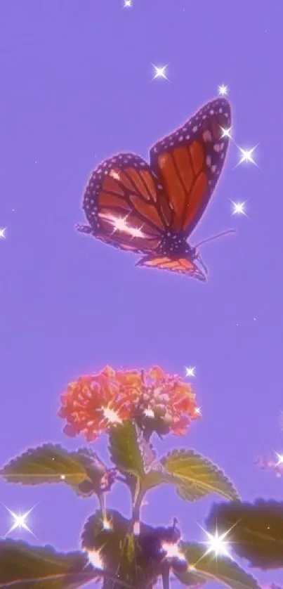 Vibrant butterfly above flowers with a soft purple sky aesthetic.