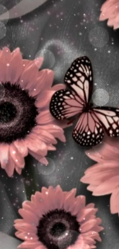 Elegant wallpaper with pink flowers and a black and white butterfly.