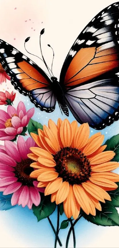 Artistic butterfly with vibrant flowers design.