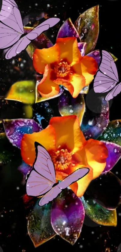 Colorful flowers with butterflies on black background mobile wallpaper.