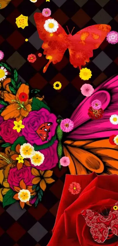 Bright butterfly with colorful flowers on a dark patterned background.