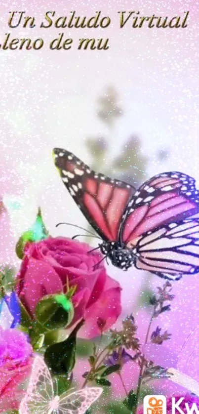 Enchanting butterfly on vibrant flowers with a pink background.