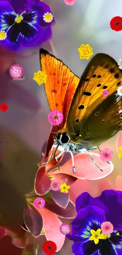 Colorful butterfly with flowers mobile wallpaper.