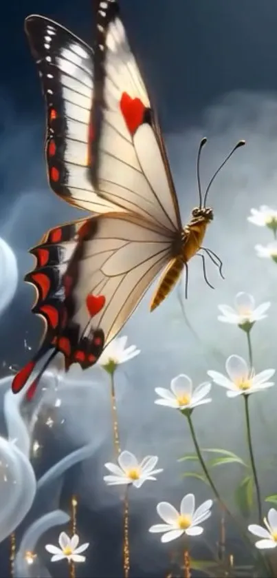 Butterfly flying over white flowers amid misty background.