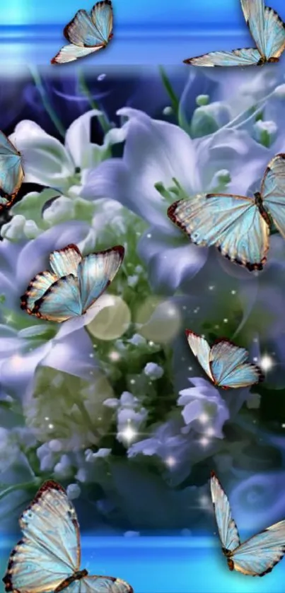 Mobile wallpaper with blue butterflies and flowers.