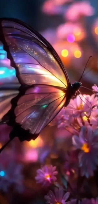 Glowing butterfly perched on vibrant flowers.