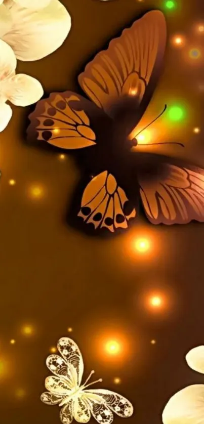 Brown and orange butterfly with floral glow design.