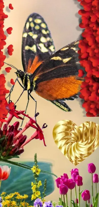 Butterfly landing on flowers with red and golden heart accents.