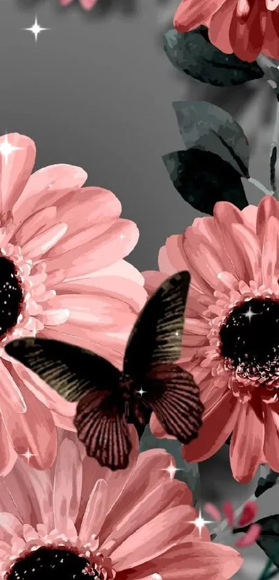 Mobile wallpaper with pink flowers and a butterfly.