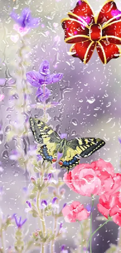 Nature-themed wallpaper with butterfly, flowers, and a red bow.