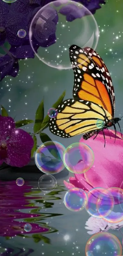 Bright butterfly rests on colorful flowers with sparkling effect.