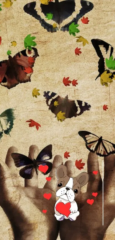 Butterfly and hands mobile wallpaper with a vintage texture and cartoon detail.