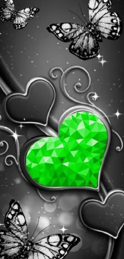 Vibrant green heart with butterflies on a stylish wallpaper.