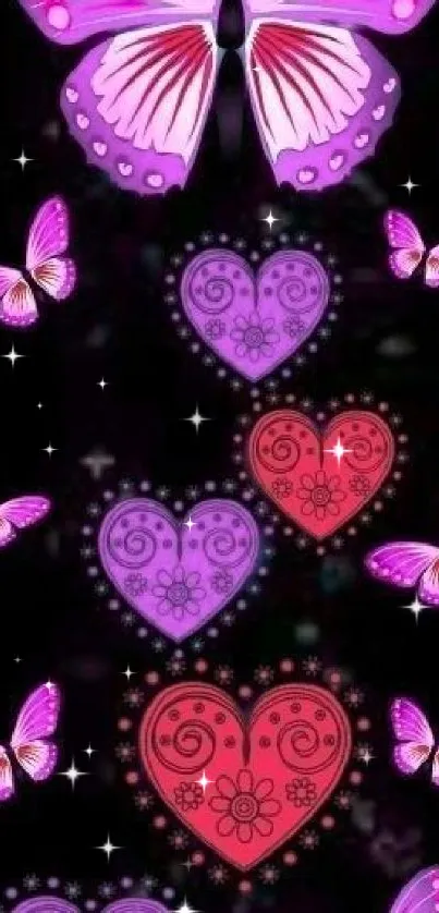 Vibrant mobile wallpaper with pink and purple butterflies and hearts.