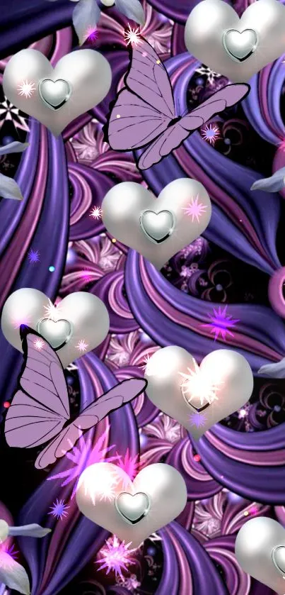 Purple butterflies and silver hearts with floral accents.