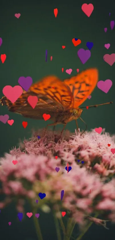 Orange butterfly on pink flower with hearts background.