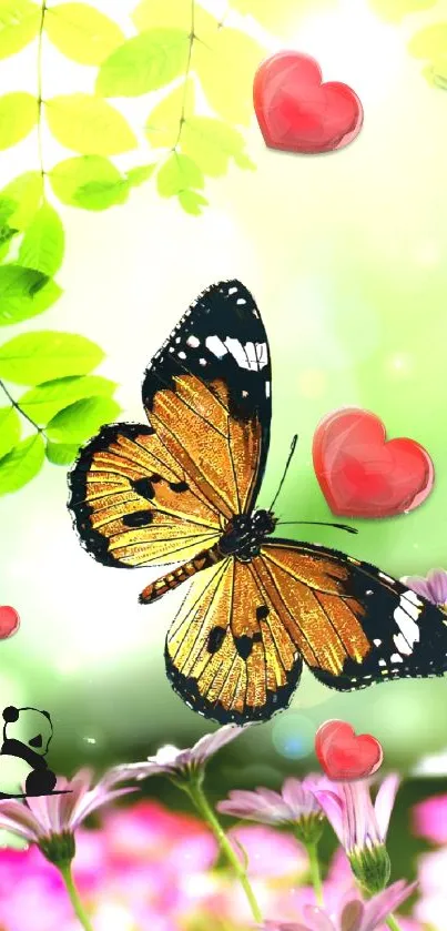 Colorful butterfly among leaves and hearts on a green background.