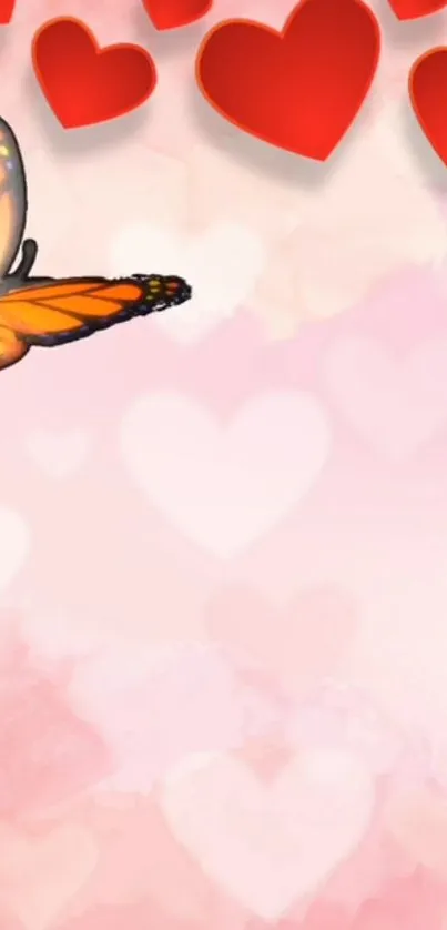 Vibrant butterfly with red hearts on a pink background wallpaper.