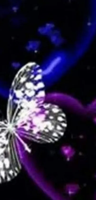 Butterfly with glowing hearts on a dark background.