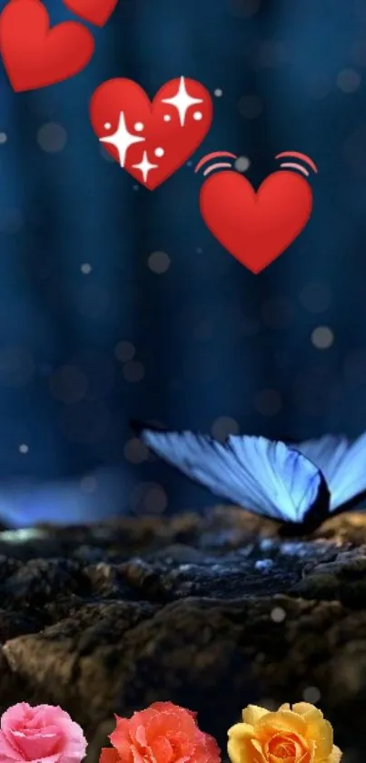 Blue butterfly on dark surface with hearts and flowers.