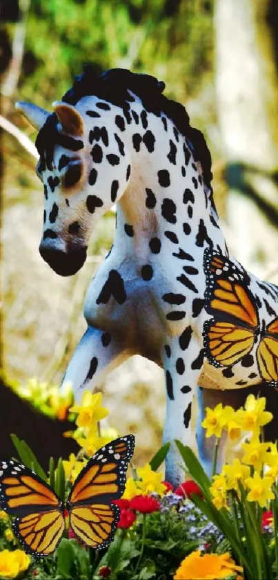 A spotted horse with butterflies in a vibrant forest setting.