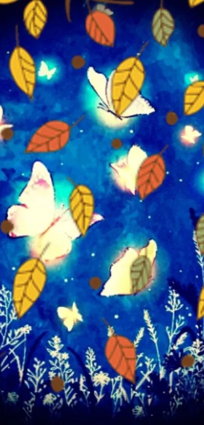 Artistic wallpaper with butterflies, leaves, and a dark blue background.