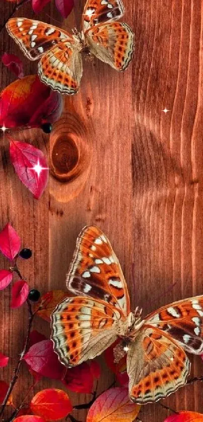 Butterflies resting on autumn leaves and wood background.