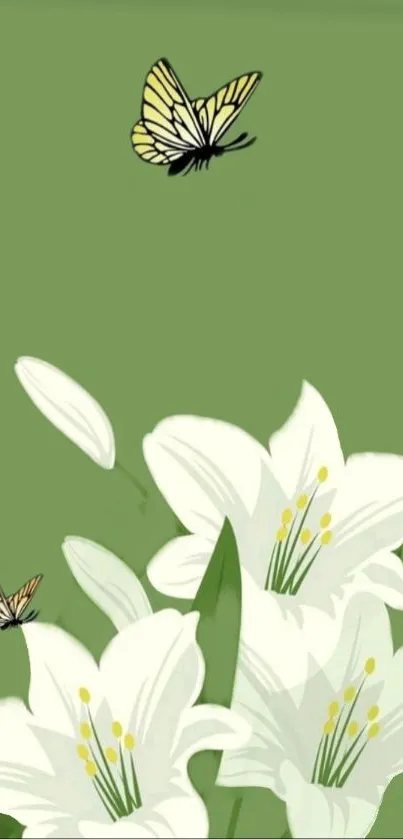 Olive green wallpaper with butterflies and white lilies.